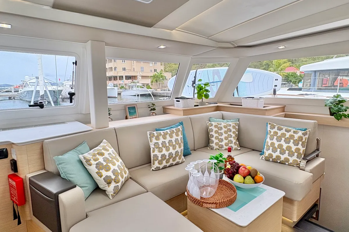 Salon of Emma Rose, a Fountaine Pajot FP 44 Quatuor catamaran at Parham Town, British Virgin Islands