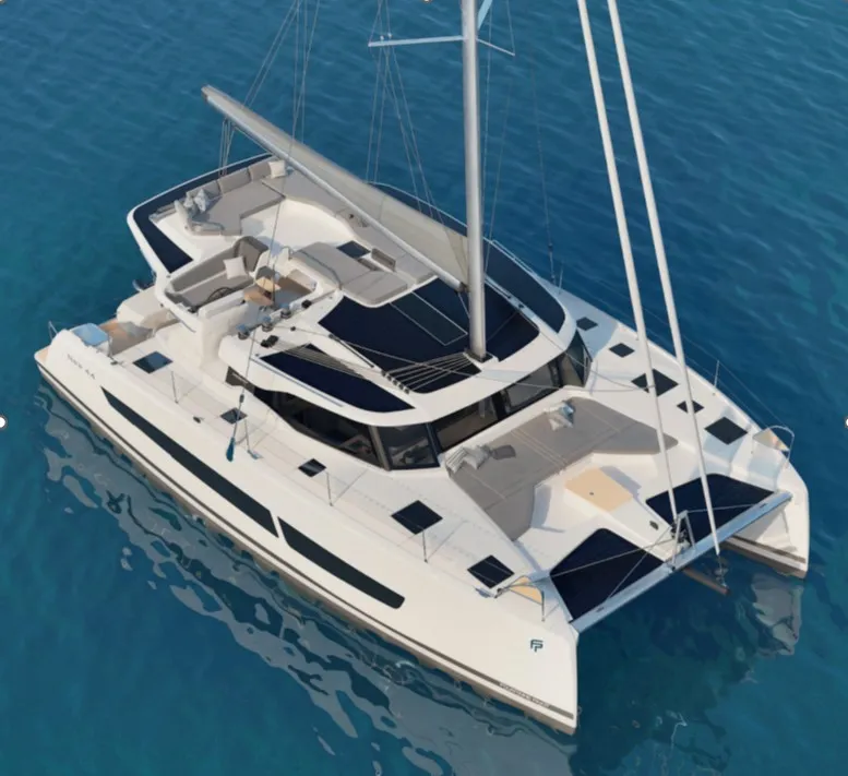 Exterior view of Emma Rose, a Fountaine Pajot FP 44 Quatuor catamaran at Parham Town, British Virgin Islands