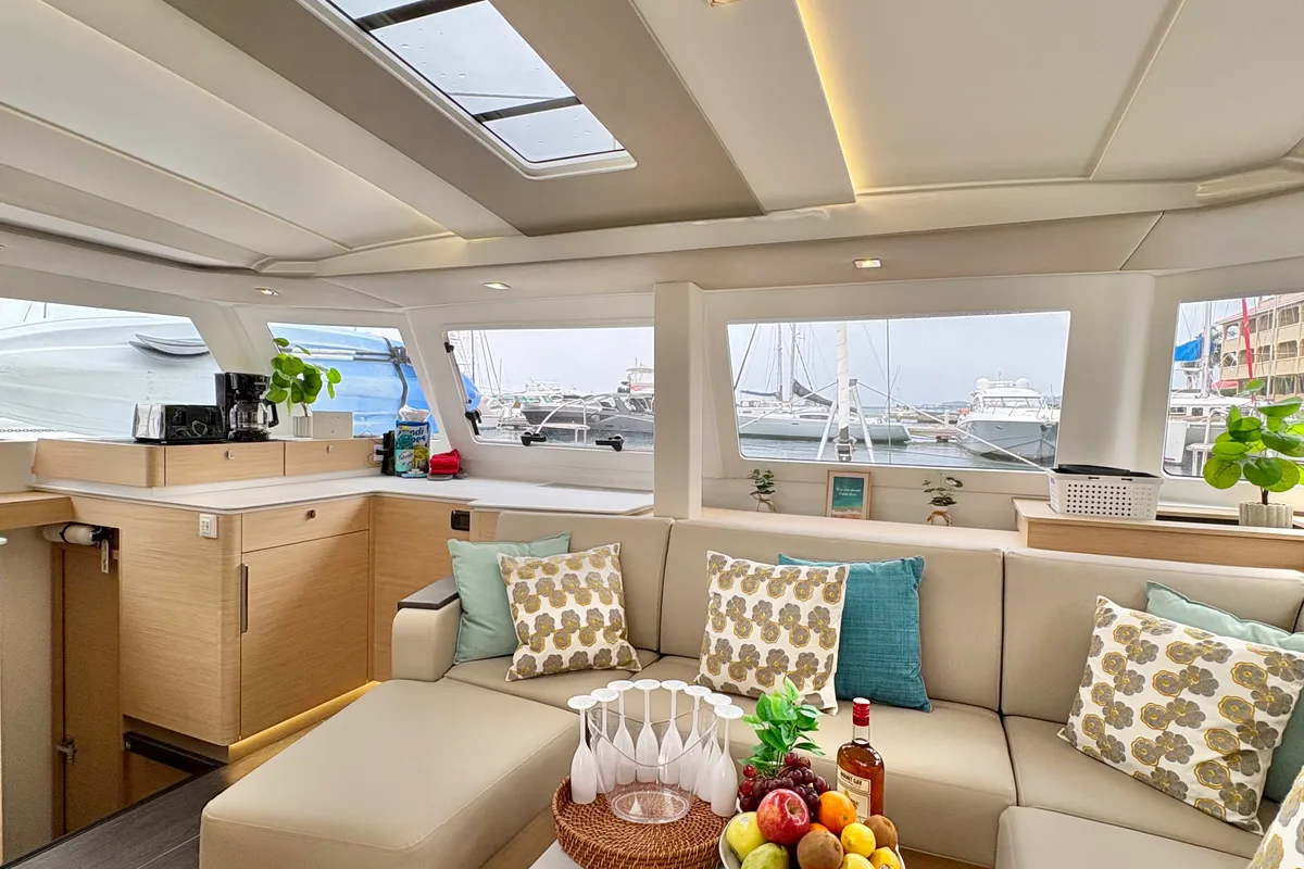 Salon of Emma Rose, a Fountaine Pajot FP 44 Quatuor catamaran at Parham Town, British Virgin Islands