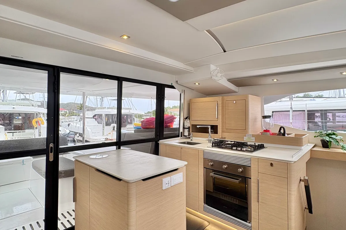 Galley of Emma Rose, a Fountaine Pajot FP 44 Quatuor catamaran at Parham Town, British Virgin Islands