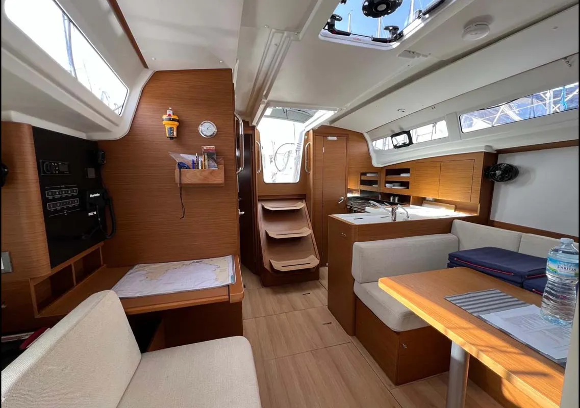Salon of Golden eye, a Jeanneau Sun Odyssey 380 sailboat at Palma de Mallorca, Spain