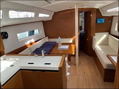 Salon of Golden eye, a Jeanneau Sun Odyssey 380 sailboat at Palma de Mallorca, Spain