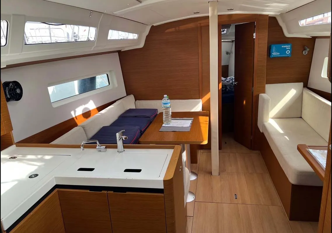 Salon of Golden eye, a Jeanneau Sun Odyssey 380 sailboat at Palma de Mallorca, Spain