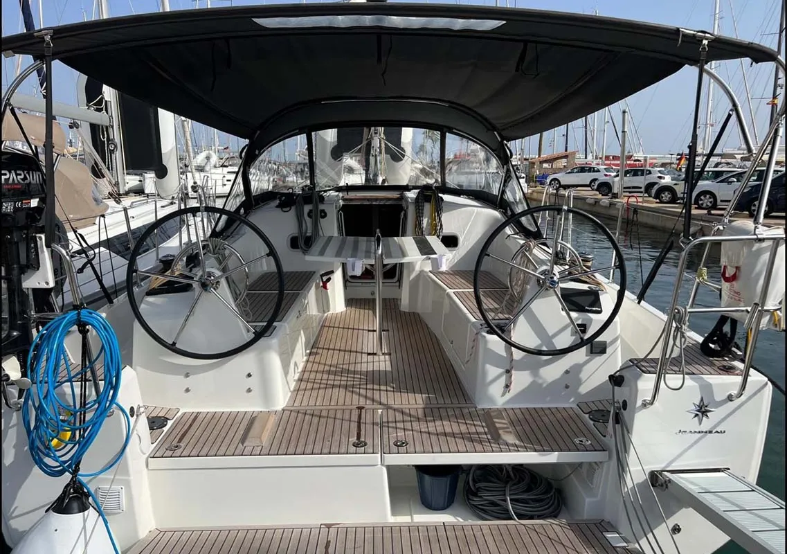 Cockpit of Golden eye, a Jeanneau Sun Odyssey 380 sailboat at Palma de Mallorca, Spain