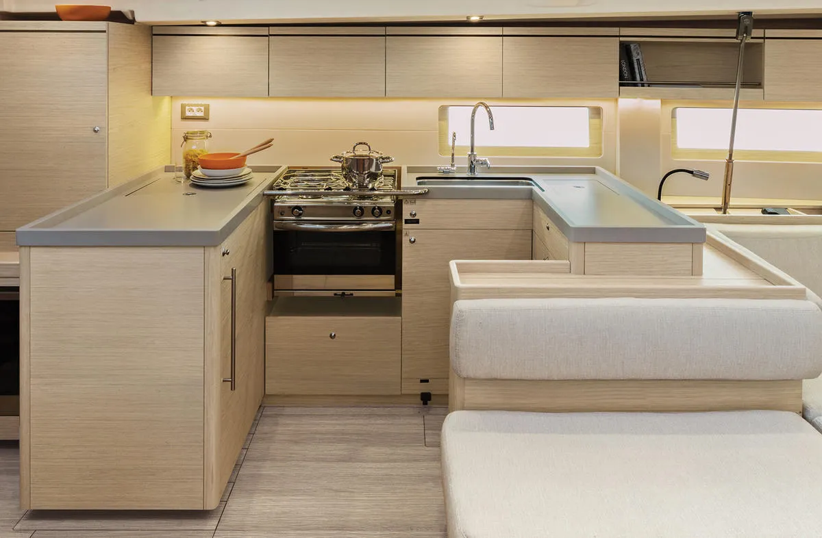 Galley of ESCAPE, a Beneteau Oceanis 51.1 sailboat at Athens, Greece