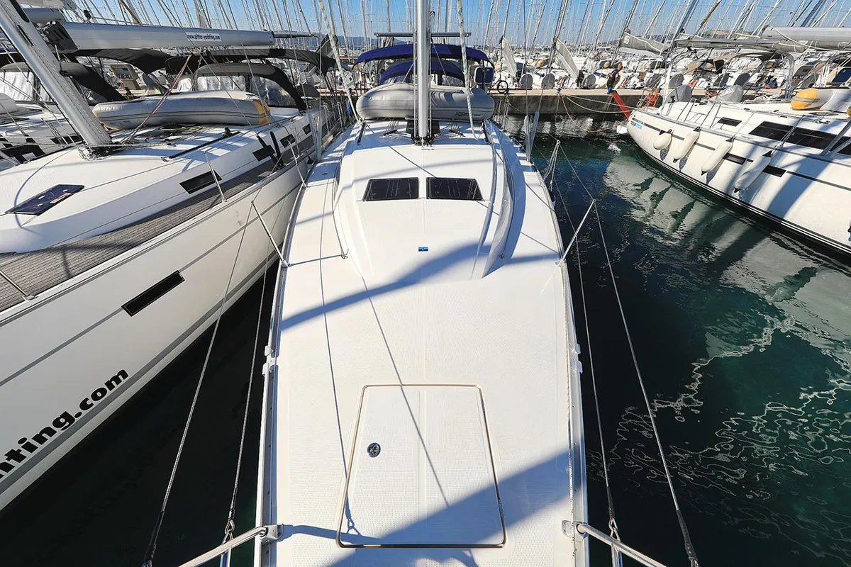 Deck of Sirius, a Bavaria Cruiser 46 sailboat at Grad Pula, Croatia
