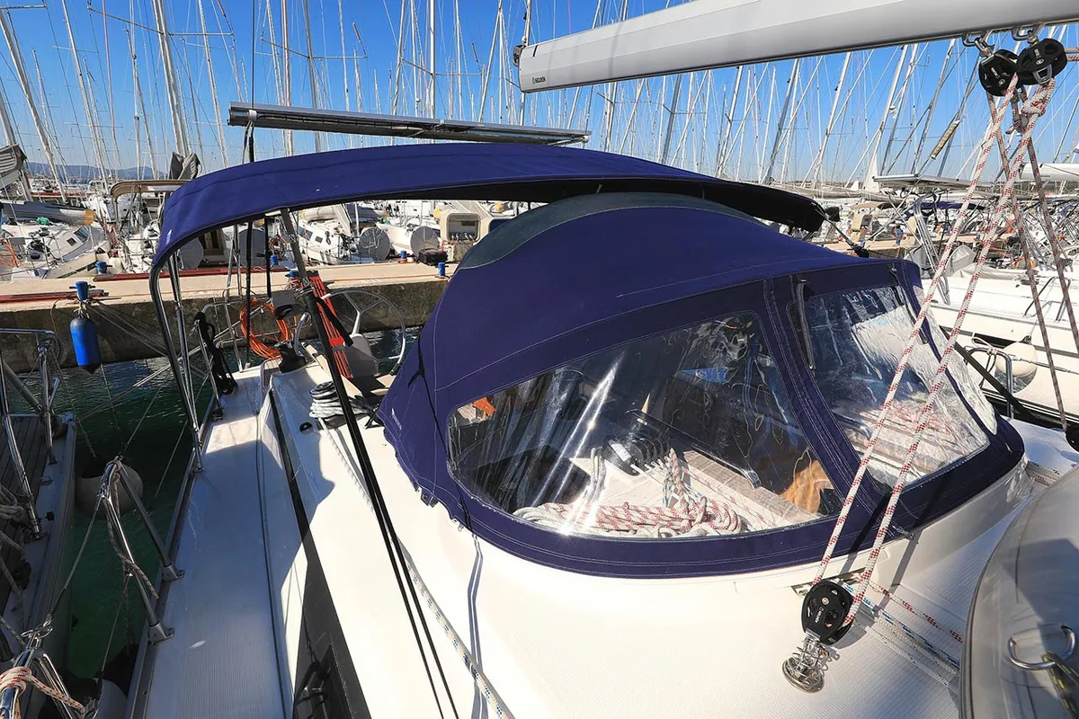 Deck of Sirius, a Bavaria Cruiser 46 sailboat at Grad Pula, Croatia
