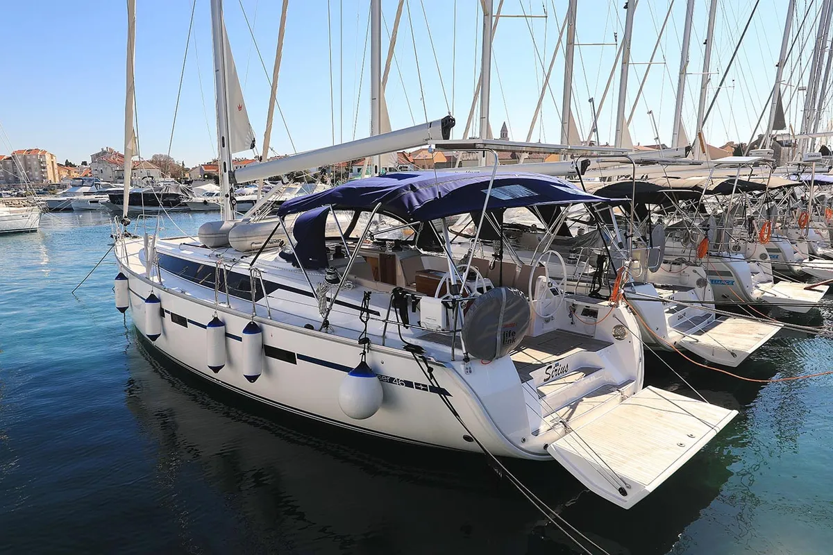 Exterior view of Sirius, a Bavaria Cruiser 46 sailboat at Grad Pula, Croatia