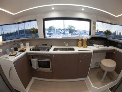 Galley of Hephaestus, a Bali 4.1 catamaran at Benitses, Greece