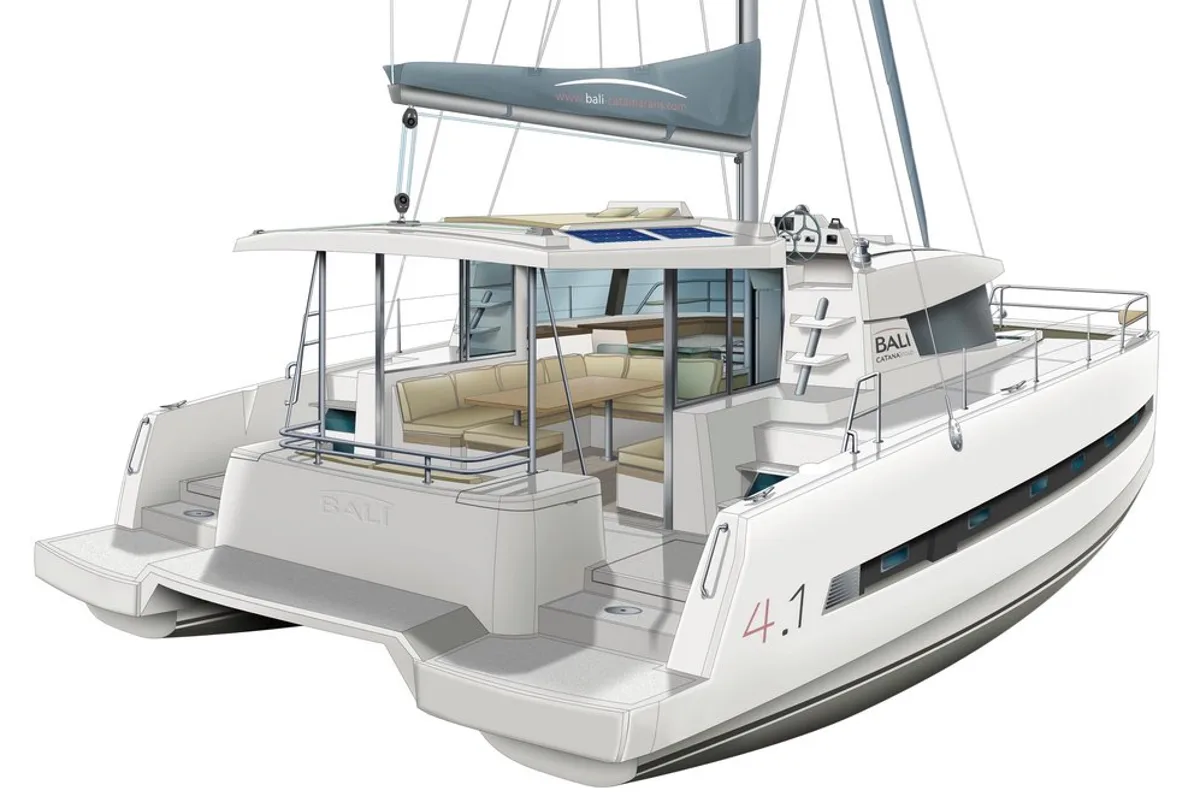 Hephaestus, a Bali 4.1 catamaran at Benitses, Greece
