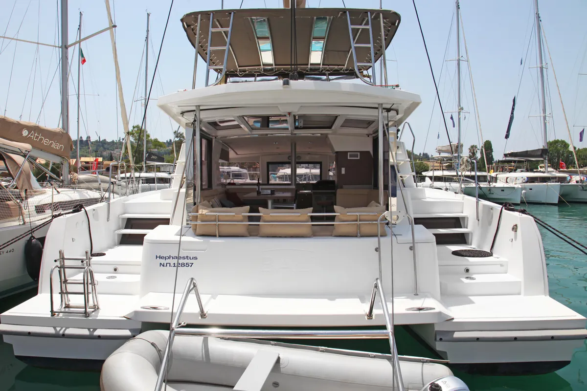 Exterior view of Hephaestus, a Bali 4.1 catamaran at Benitses, Greece