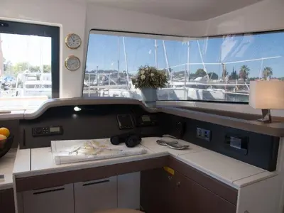Cockpit of Hephaestus, a Bali 4.1 catamaran at Benitses, Greece