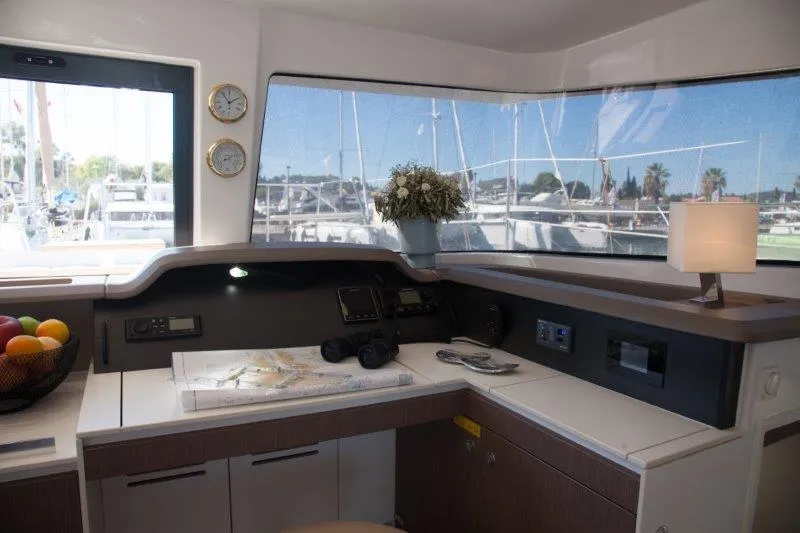Cockpit of Hephaestus, a Bali 4.1 catamaran at Benitses, Greece