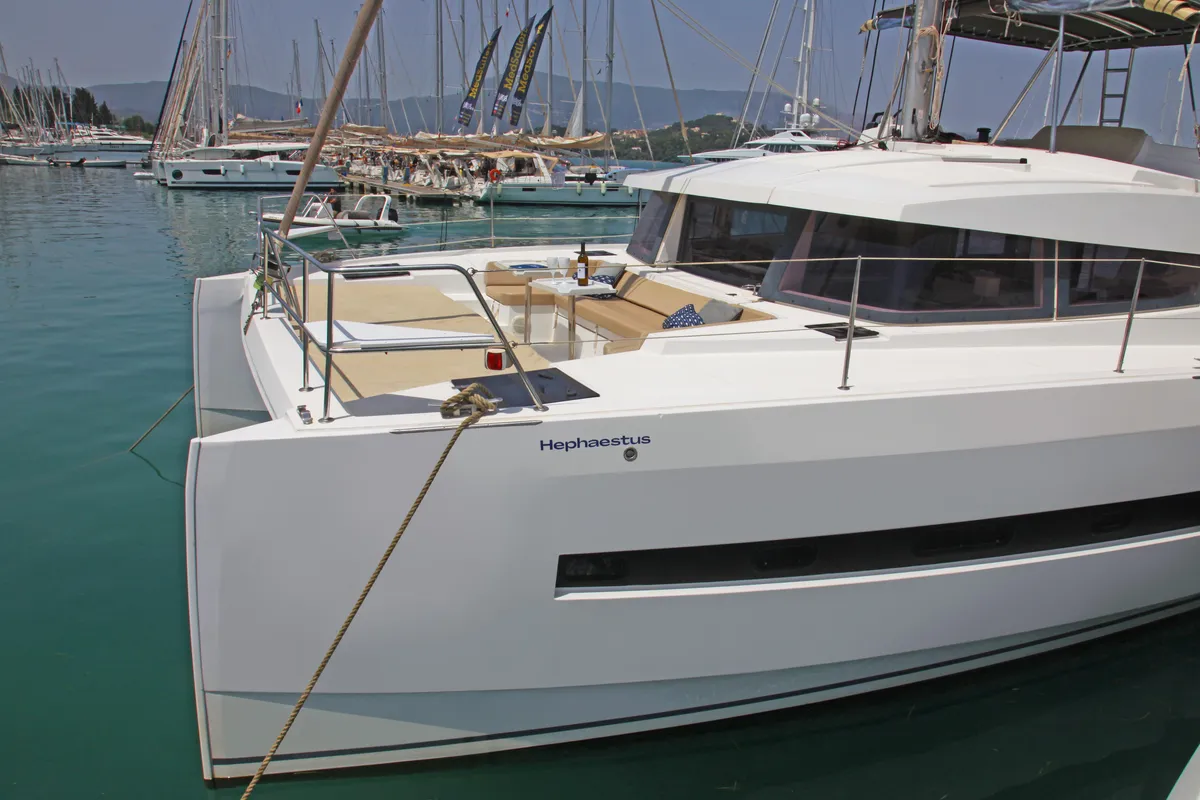 Exterior view of Hephaestus, a Bali 4.1 catamaran at Benitses, Greece