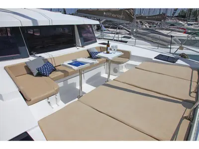 Deck of Hephaestus, a Bali 4.1 catamaran at Benitses, Greece