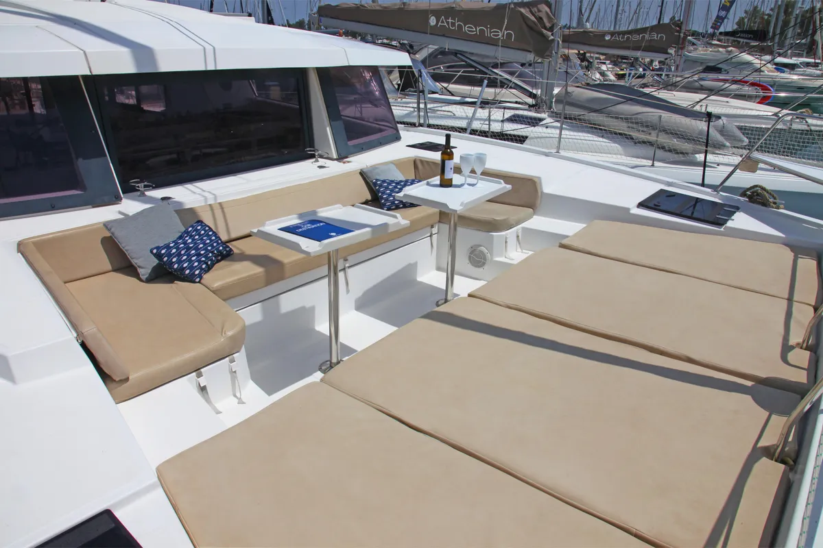 Deck of Hephaestus, a Bali 4.1 catamaran at Benitses, Greece
