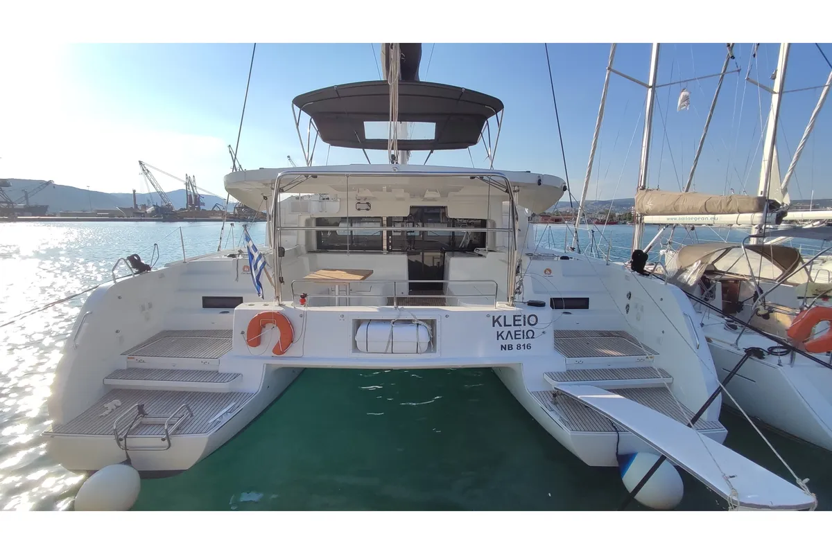 Exterior view of Kleio, a Lagoon 46 catamaran at Volos, Greece