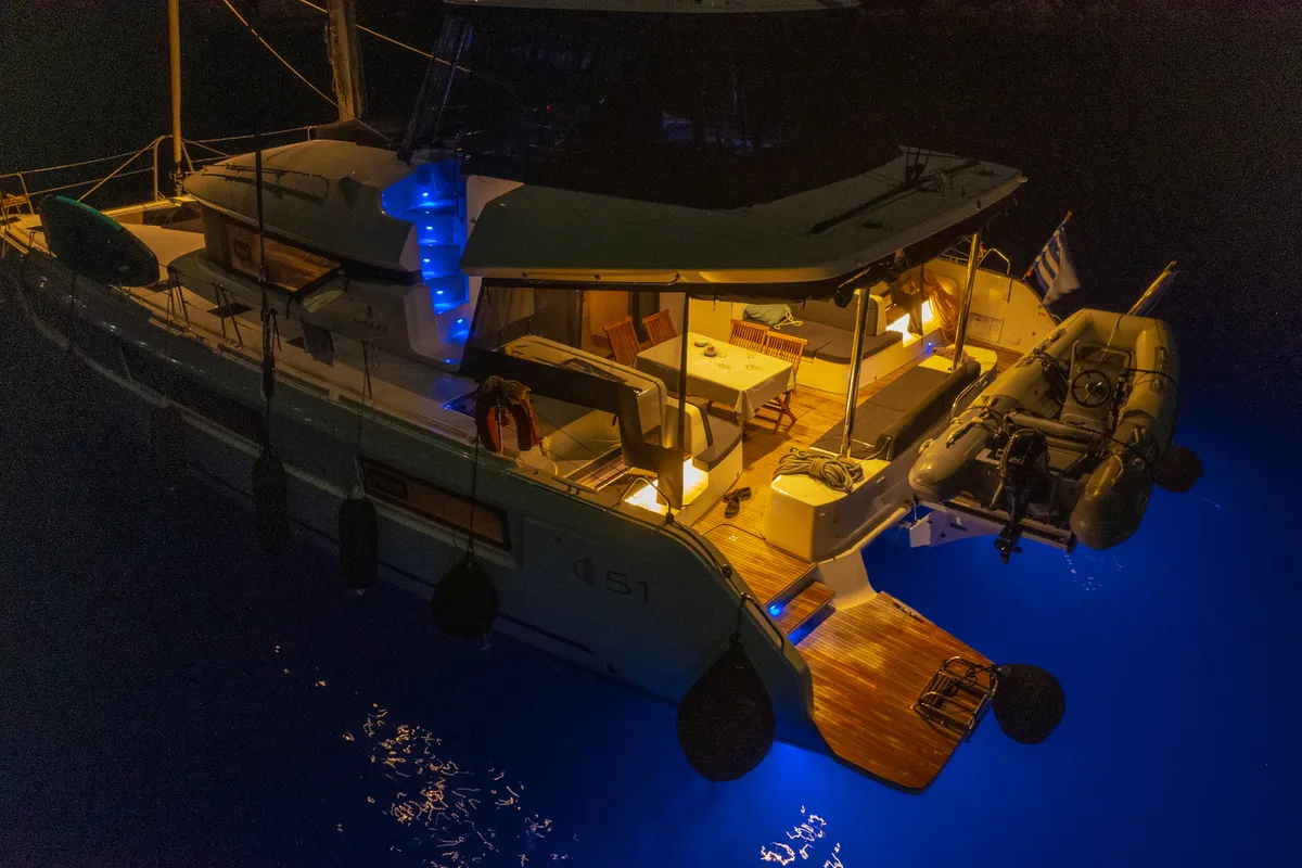 Exterior view of Aegeus, a Lagoon 51 catamaran at Athens, Greece