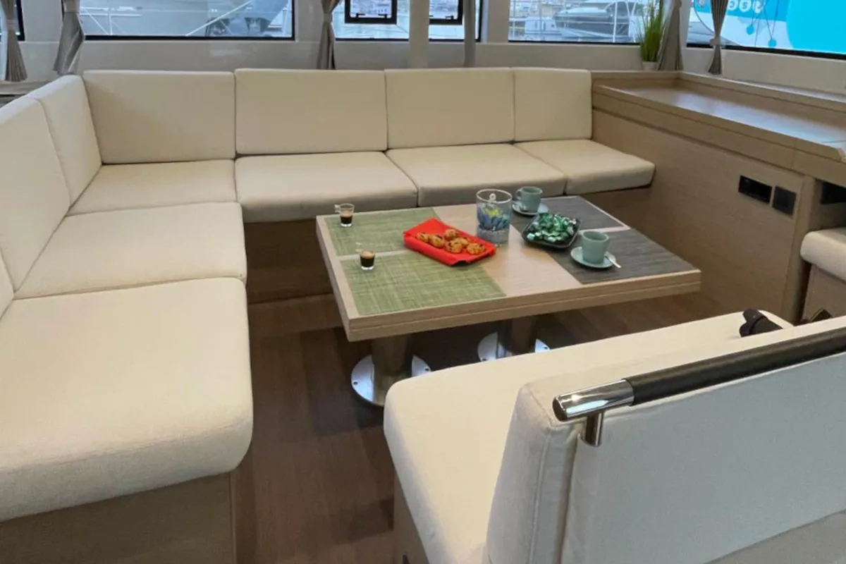 Salon of Aegeus, a Lagoon 51 catamaran at Athens, Greece