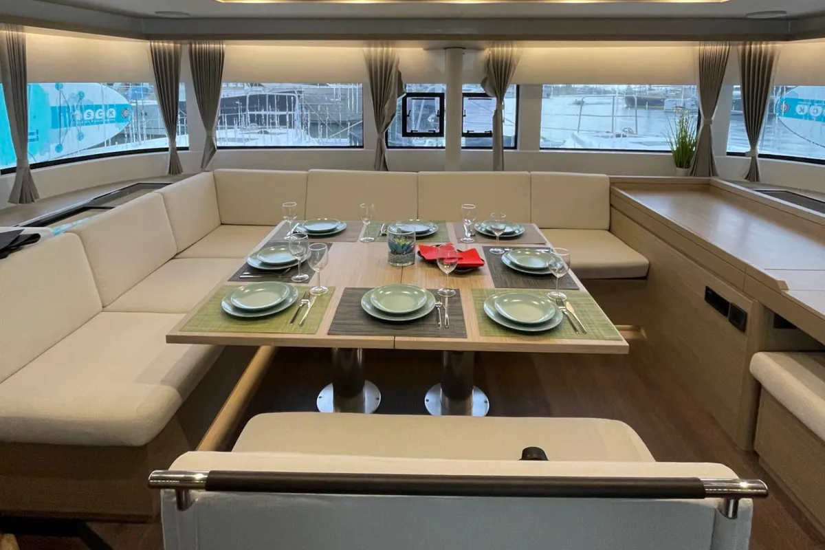 Salon of Aegeus, a Lagoon 51 catamaran at Athens, Greece
