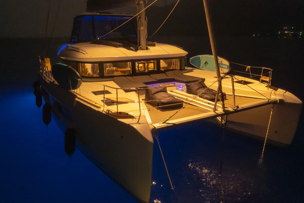 Exterior view of Aegeus, a Lagoon 51 catamaran at Athens, Greece