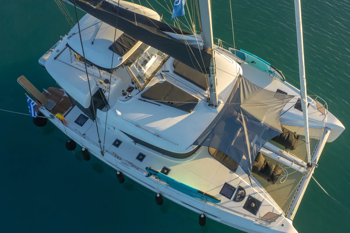 Exterior view of Aegeus, a Lagoon 51 catamaran at Athens, Greece
