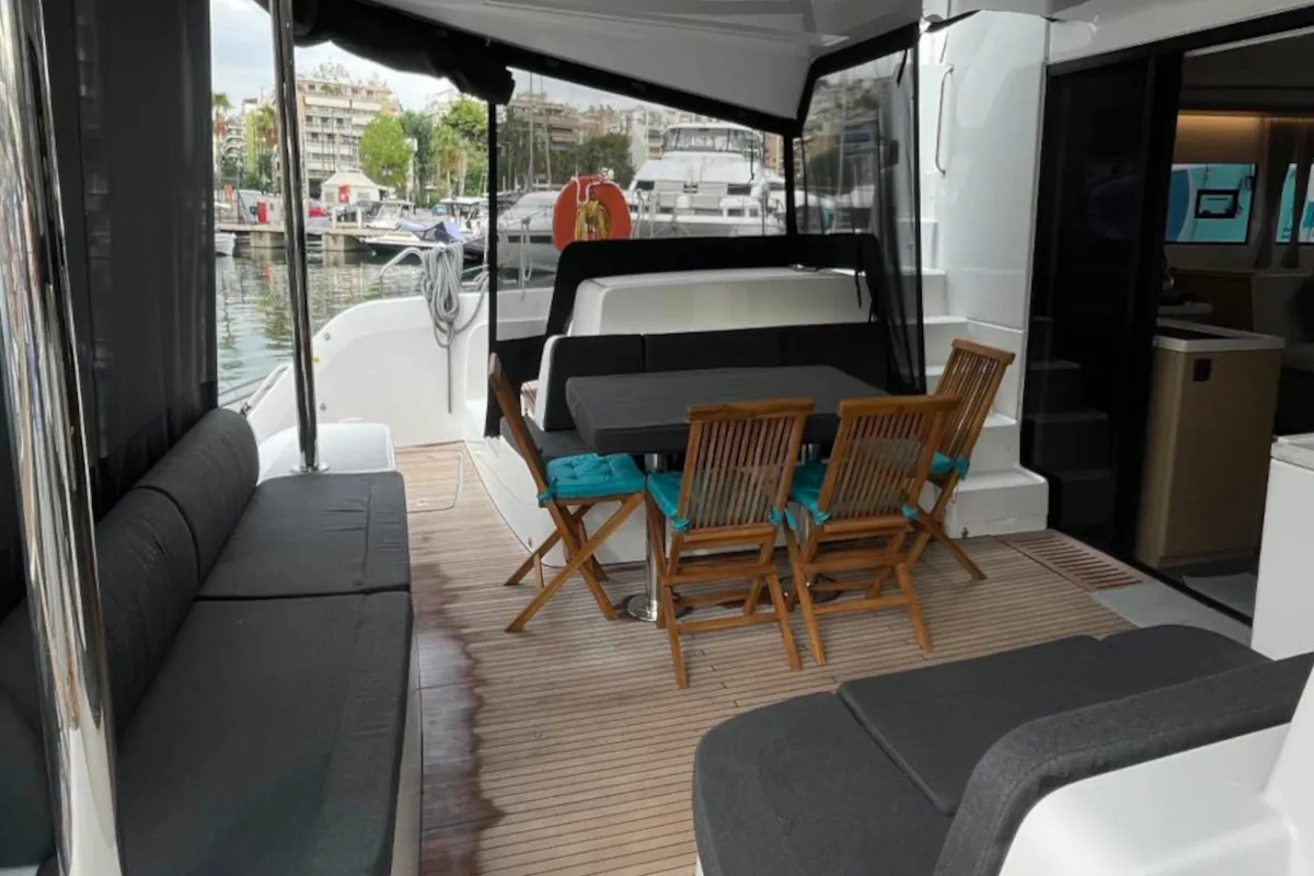 Deck of Aegeus, a Lagoon 51 catamaran at Athens, Greece