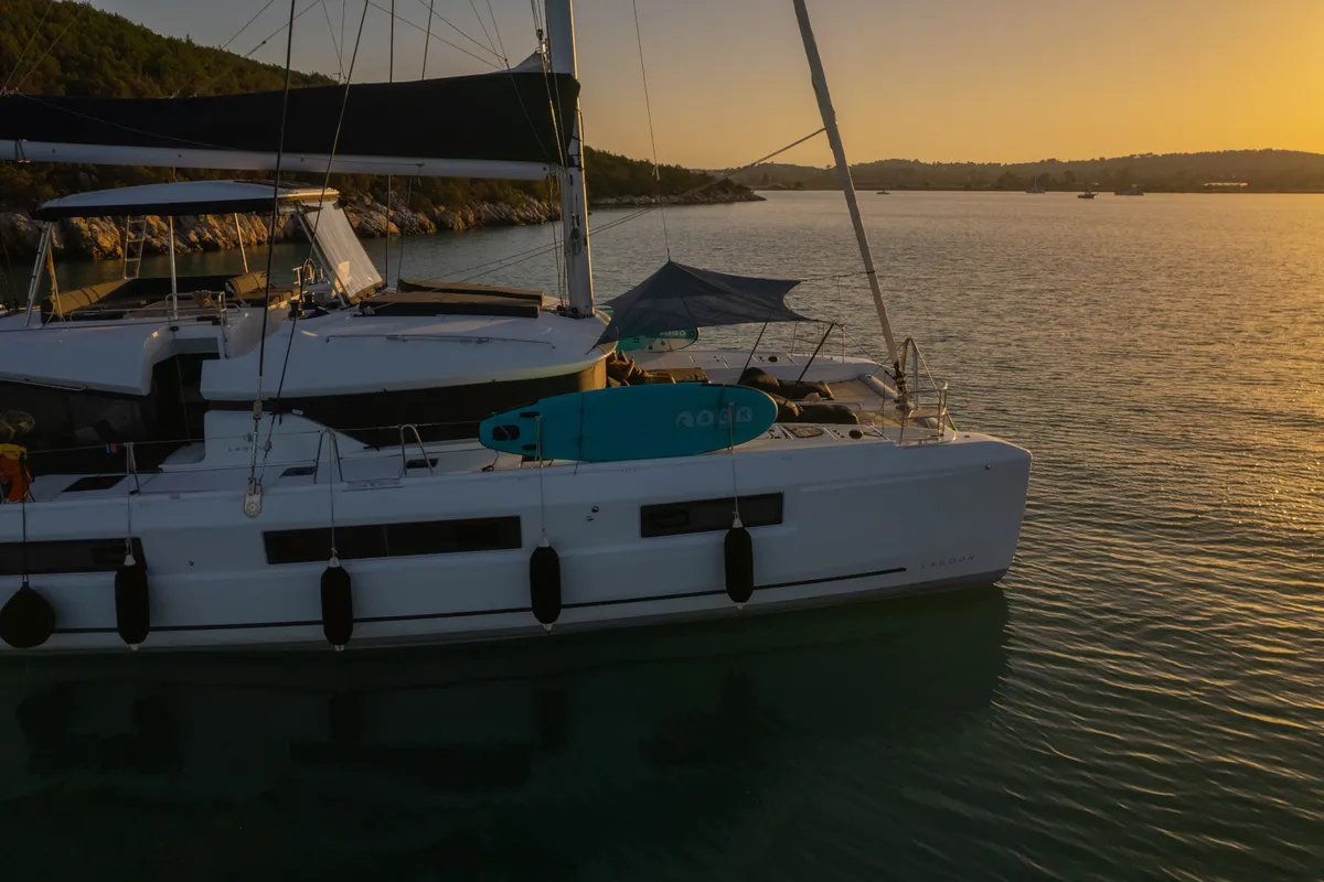 Exterior view of Aegeus, a Lagoon 51 catamaran at Athens, Greece