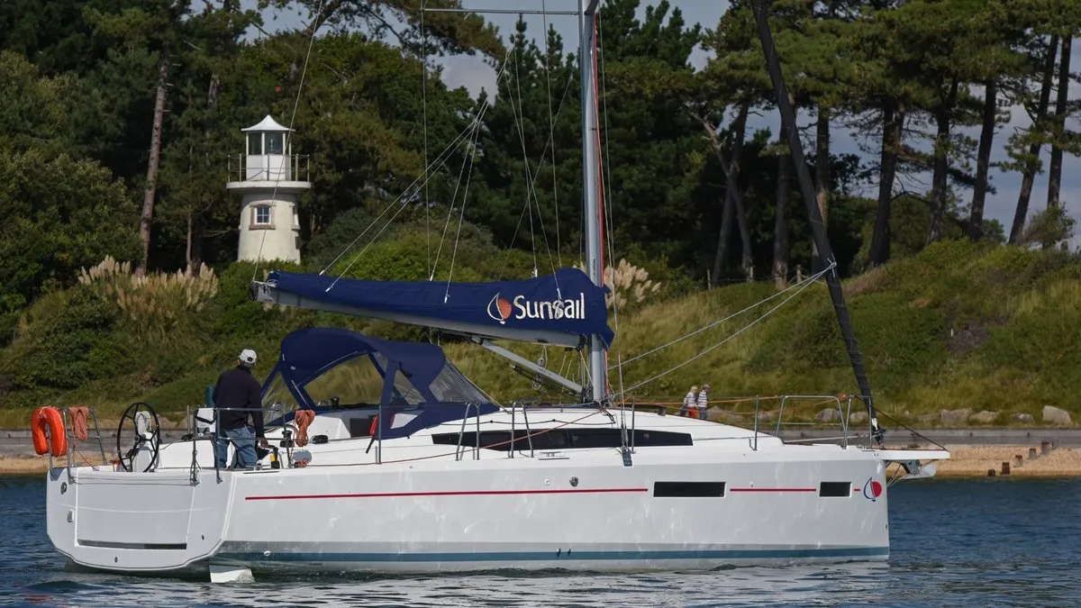 Exterior view of Sunsail 38.0 Classic, a Jeanneau Sun Odyssey 380 sailboat at Municipal Unit of Lefkada, Greece