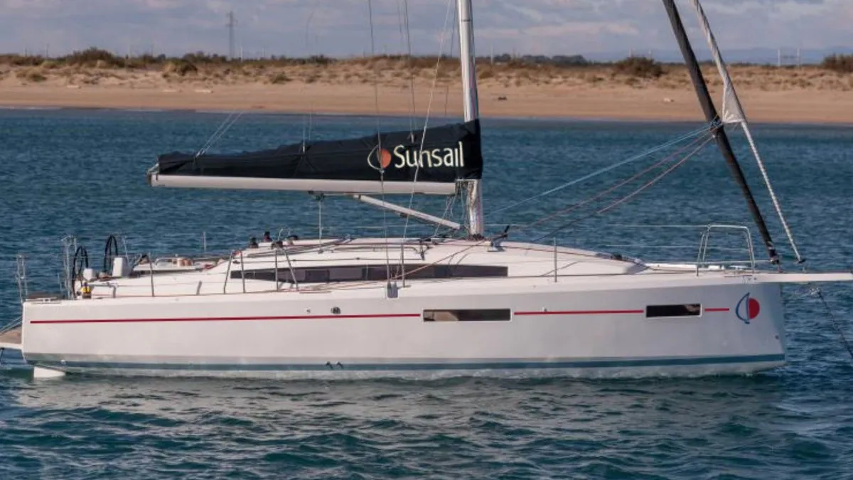 Exterior view of Sunsail 38.0 Classic, a Jeanneau Sun Odyssey 380 sailboat at Municipal Unit of Lefkada, Greece