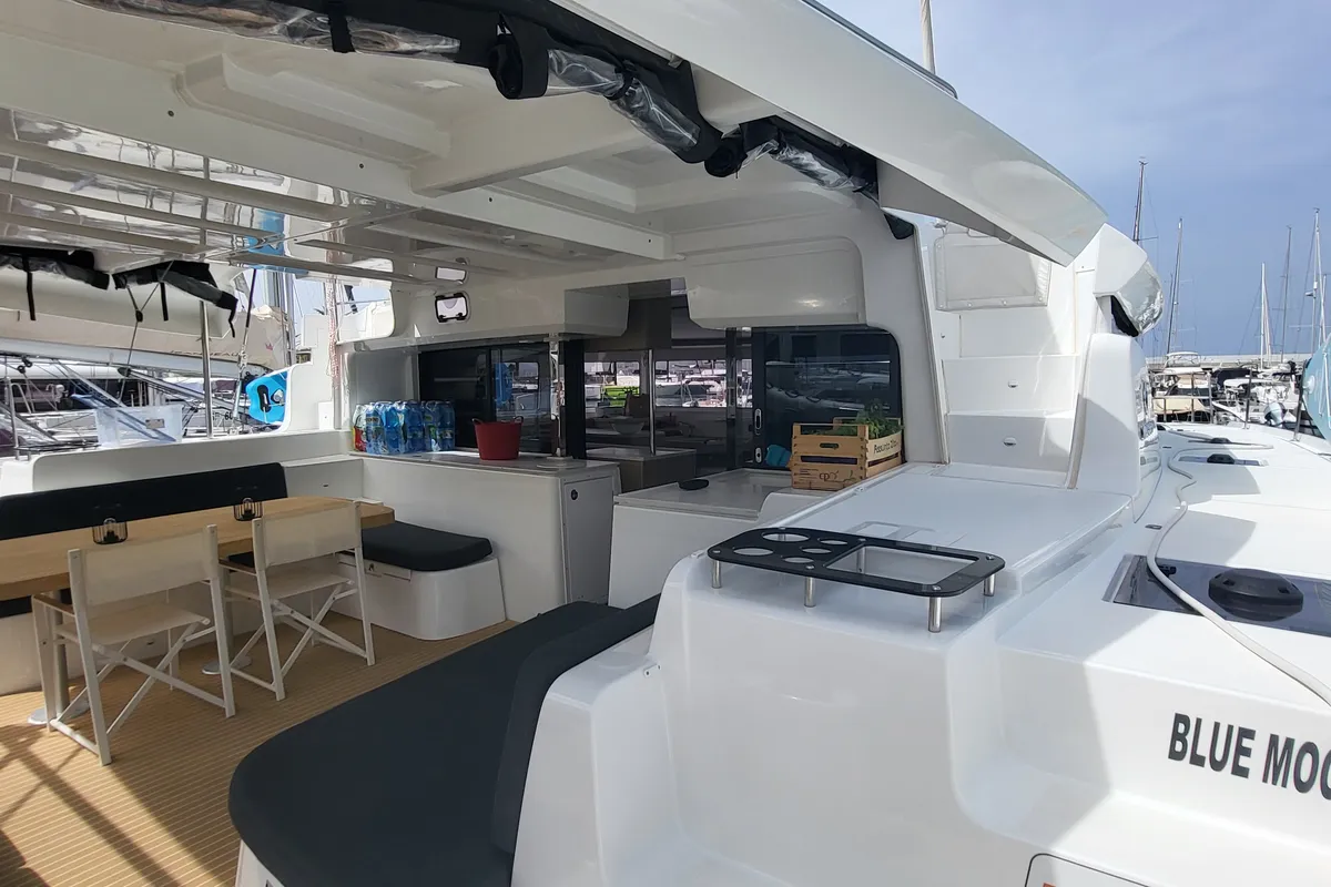Deck of Blue Moon, a Lagoon 46 catamaran at Capo d'Orlando, Italy