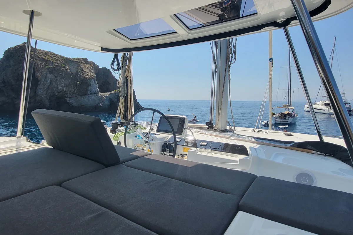 Cockpit of Blue Moon, a Lagoon 46 catamaran at Capo d'Orlando, Italy