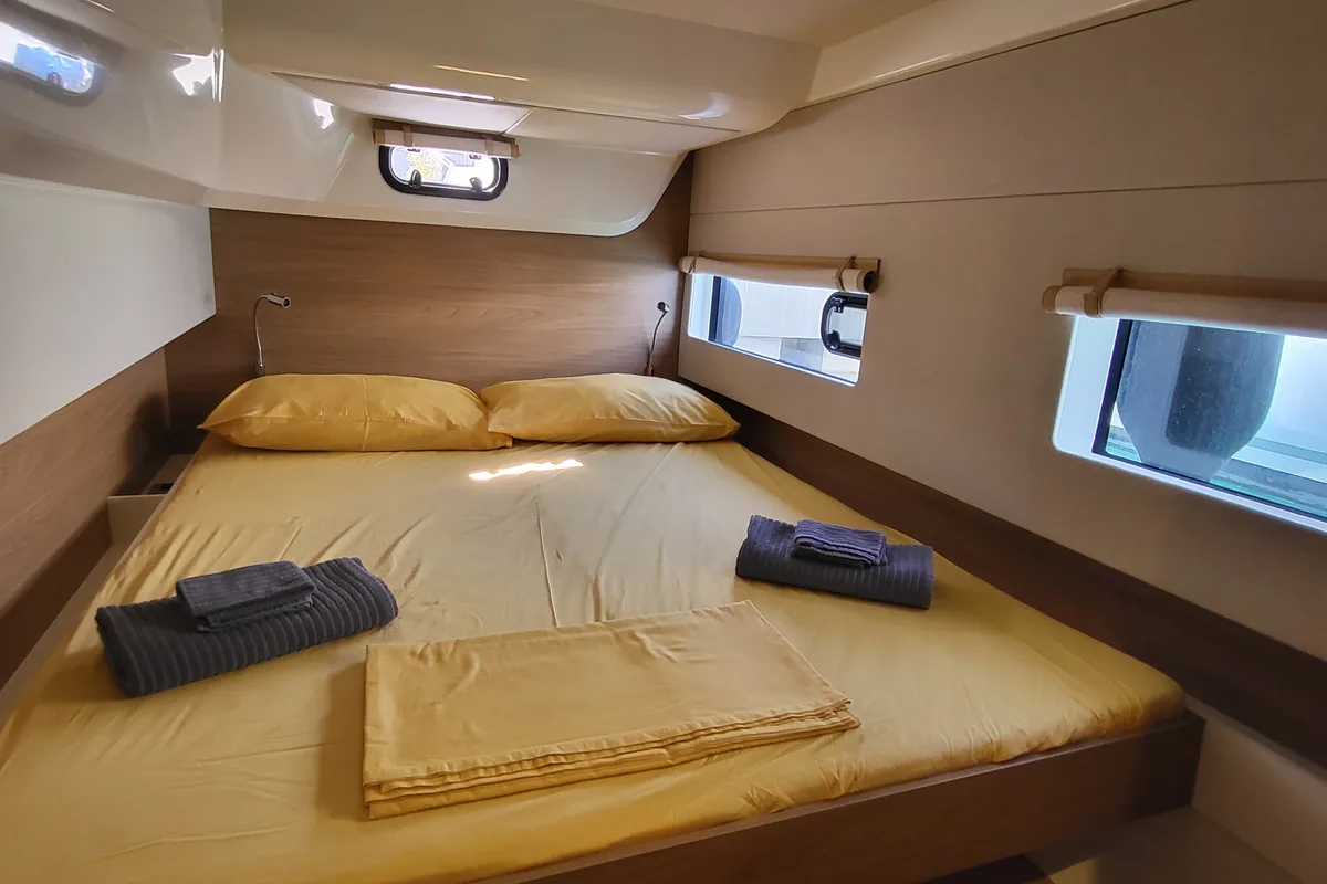 Cabin on Blue Moon, a Lagoon 46 catamaran at Capo d'Orlando, Italy