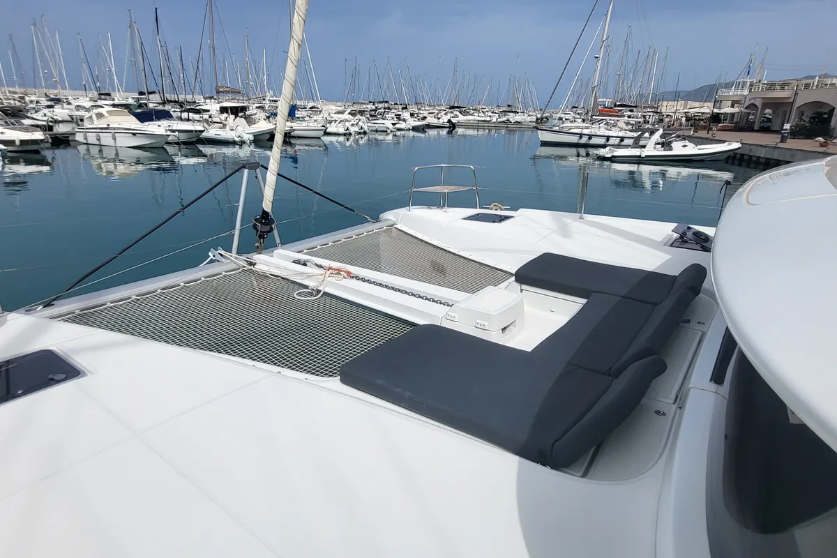 Deck of Blue Moon, a Lagoon 46 catamaran at Capo d'Orlando, Italy