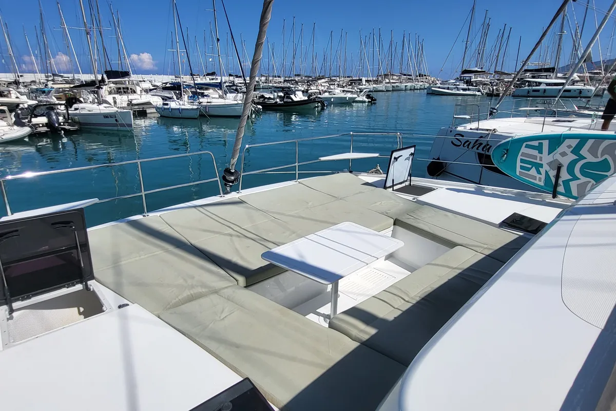 Deck of Blue Moon, a Lagoon 46 catamaran at Capo d'Orlando, Italy