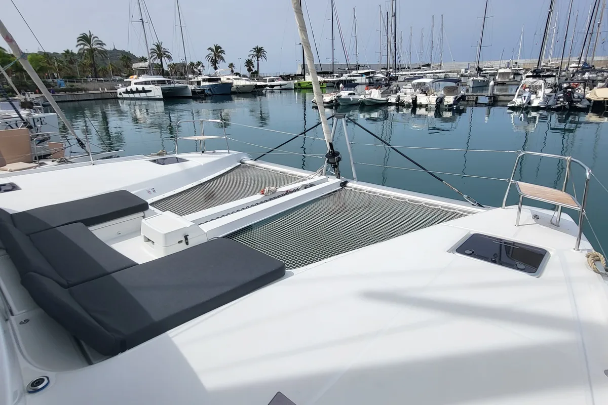 Deck of Blue Moon, a Lagoon 46 catamaran at Capo d'Orlando, Italy