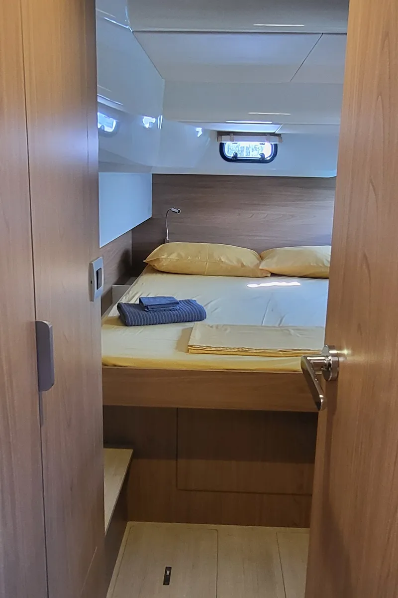 Cabin on Blue Moon, a Lagoon 46 catamaran at Capo d'Orlando, Italy