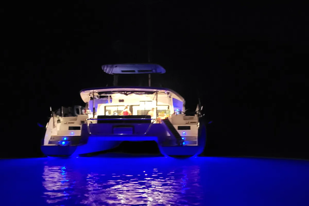 Exterior view of Blue Moon, a Lagoon 46 catamaran at Capo d'Orlando, Italy
