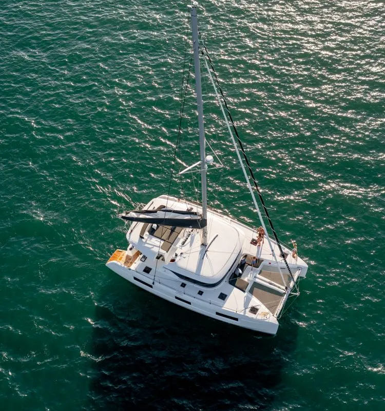 Exterior view of Blue Moon, a Lagoon 46 catamaran at Capo d'Orlando, Italy