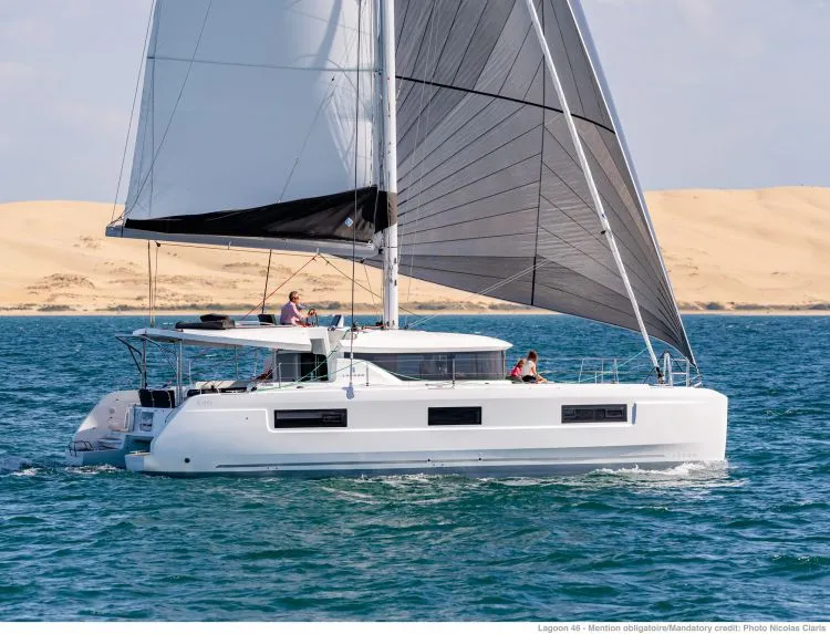 Exterior view of Blue Moon, a Lagoon 46 catamaran at Capo d'Orlando, Italy
