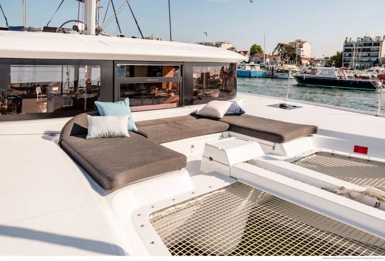 Deck of Blue Moon, a Lagoon 46 catamaran at Capo d'Orlando, Italy