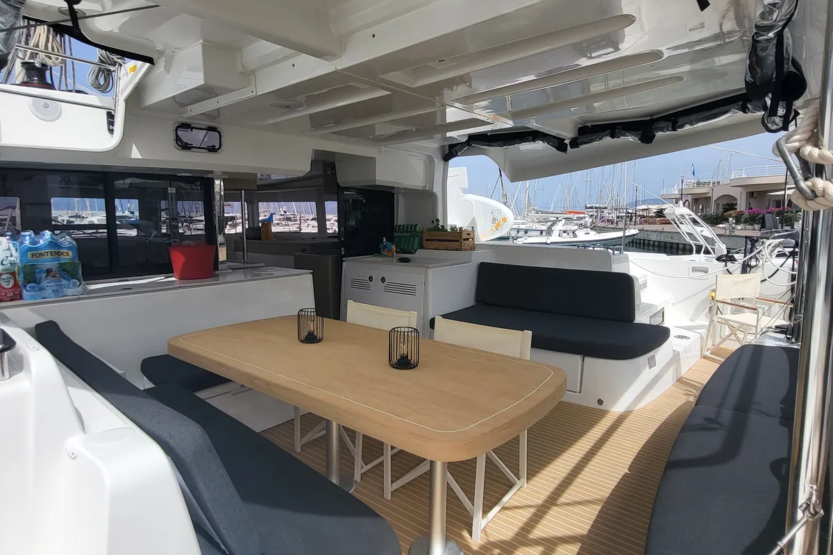 Deck of Blue Moon, a Lagoon 46 catamaran at Capo d'Orlando, Italy