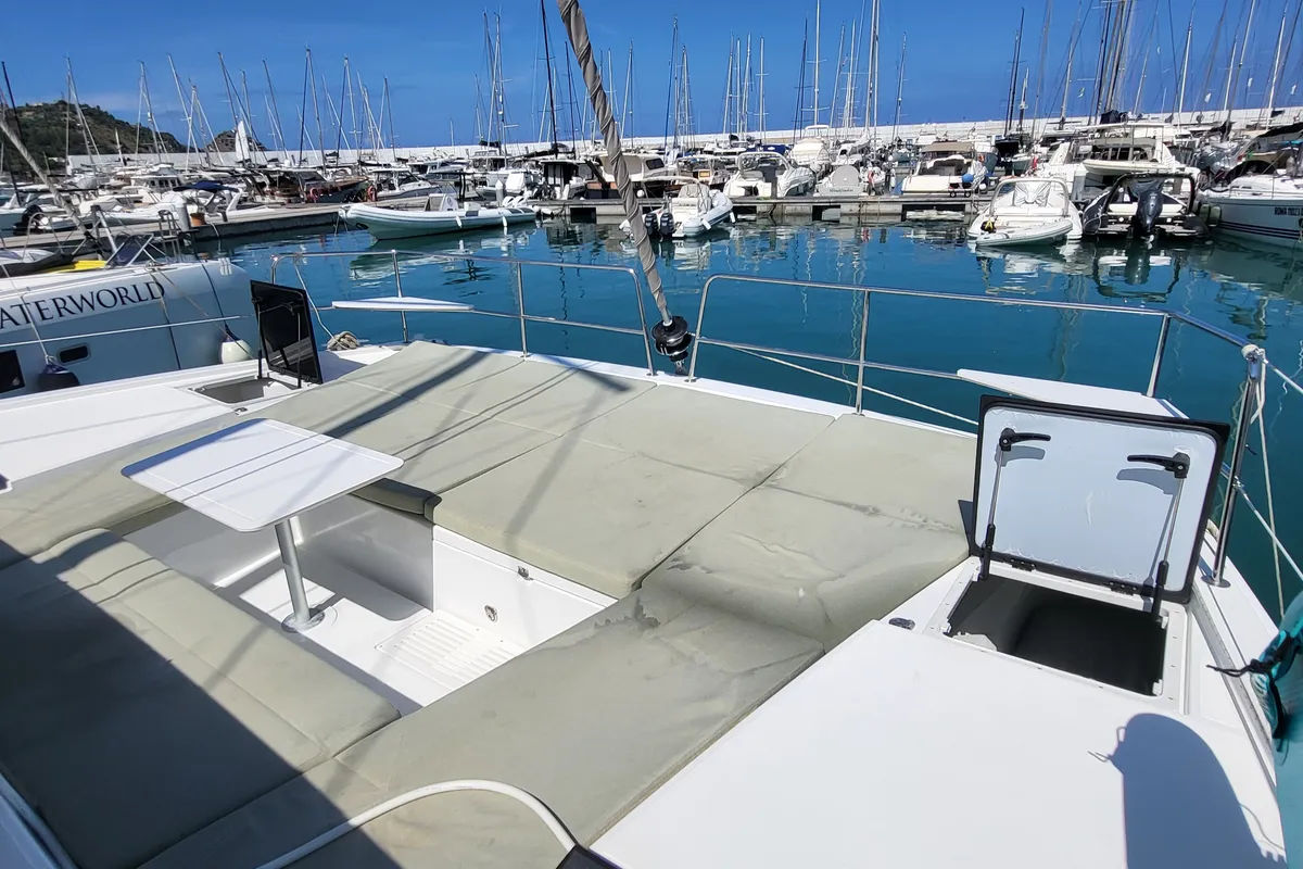 Deck of Blue Moon, a Lagoon 46 catamaran at Capo d'Orlando, Italy