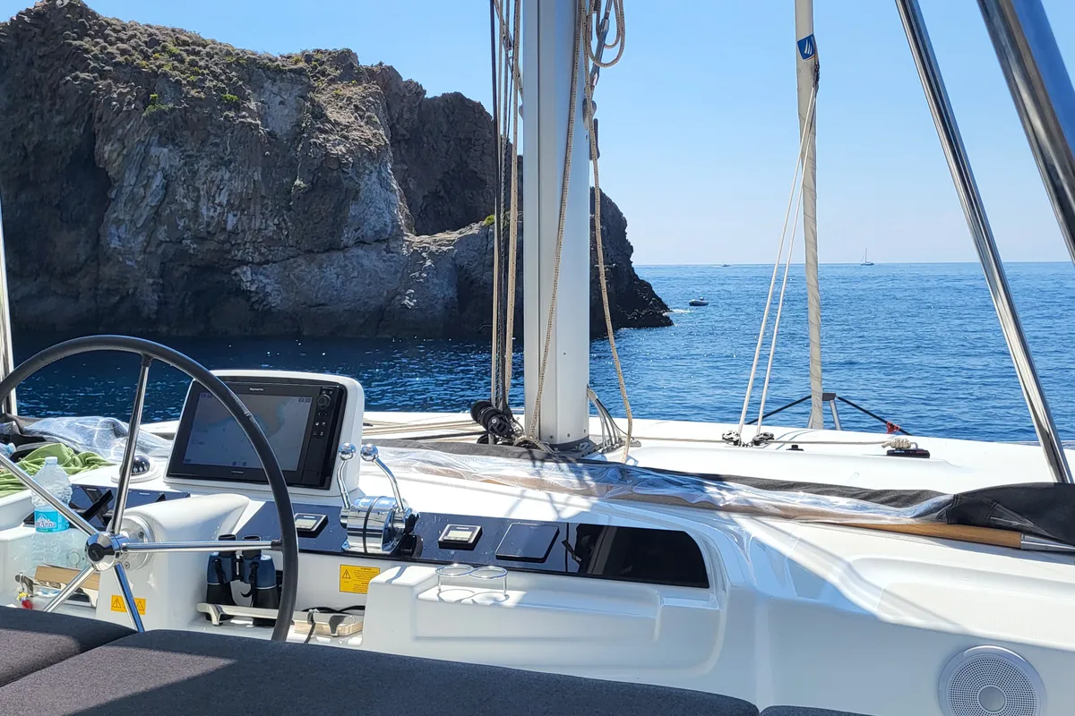 Cockpit of Blue Moon, a Lagoon 46 catamaran at Capo d'Orlando, Italy