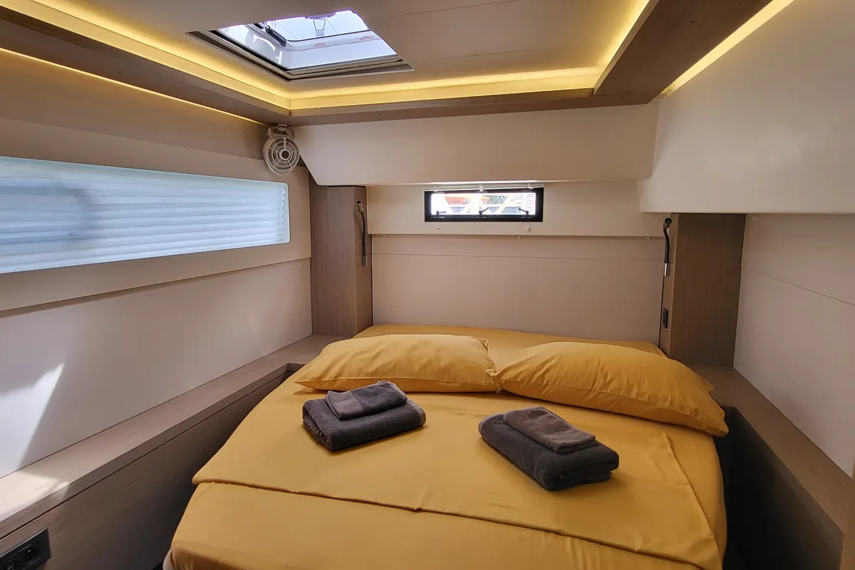 Cabin on Blue Moon, a Lagoon 46 catamaran at Capo d'Orlando, Italy