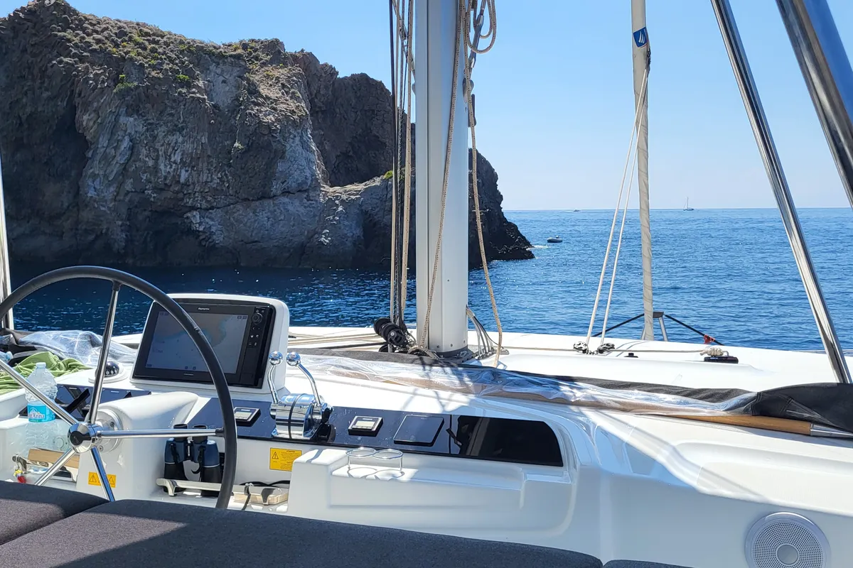 Cockpit of Blue Moon, a Lagoon 46 catamaran at Capo d'Orlando, Italy