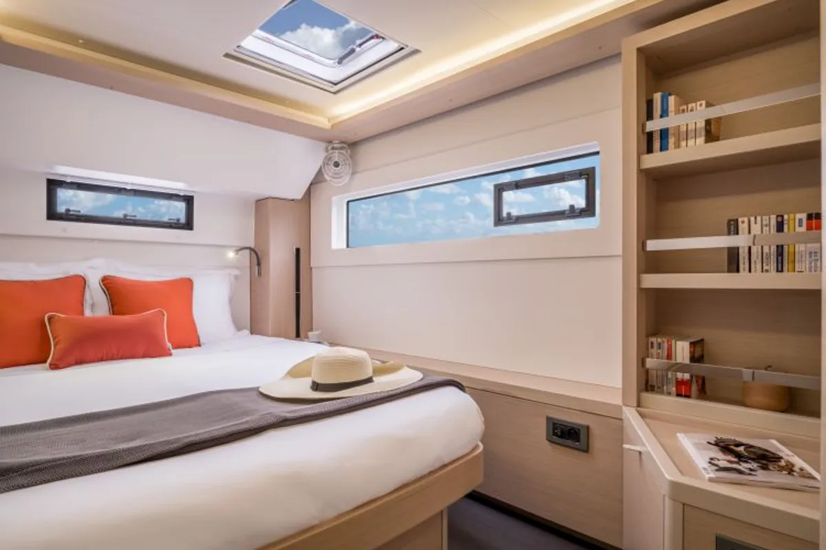 Cabin on Blue Moon, a Lagoon 46 catamaran at Capo d'Orlando, Italy