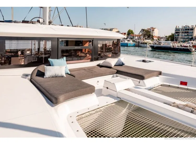 Deck of Blue Moon, a Lagoon 46 catamaran at Capo d'Orlando, Italy