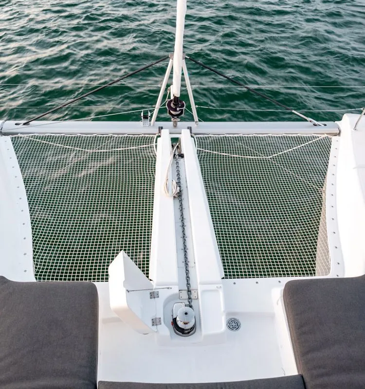 Deck of Blue Moon, a Lagoon 46 catamaran at Capo d'Orlando, Italy