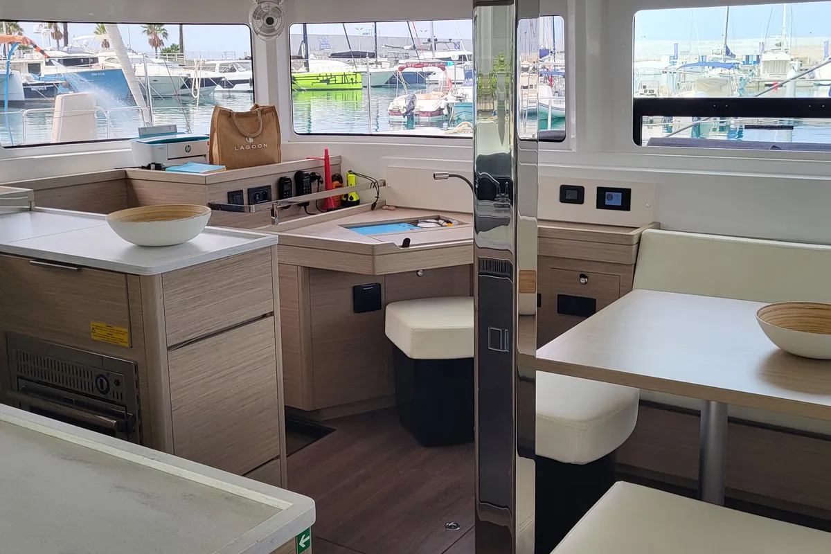 Salon of Blue Moon, a Lagoon 46 catamaran at Capo d'Orlando, Italy